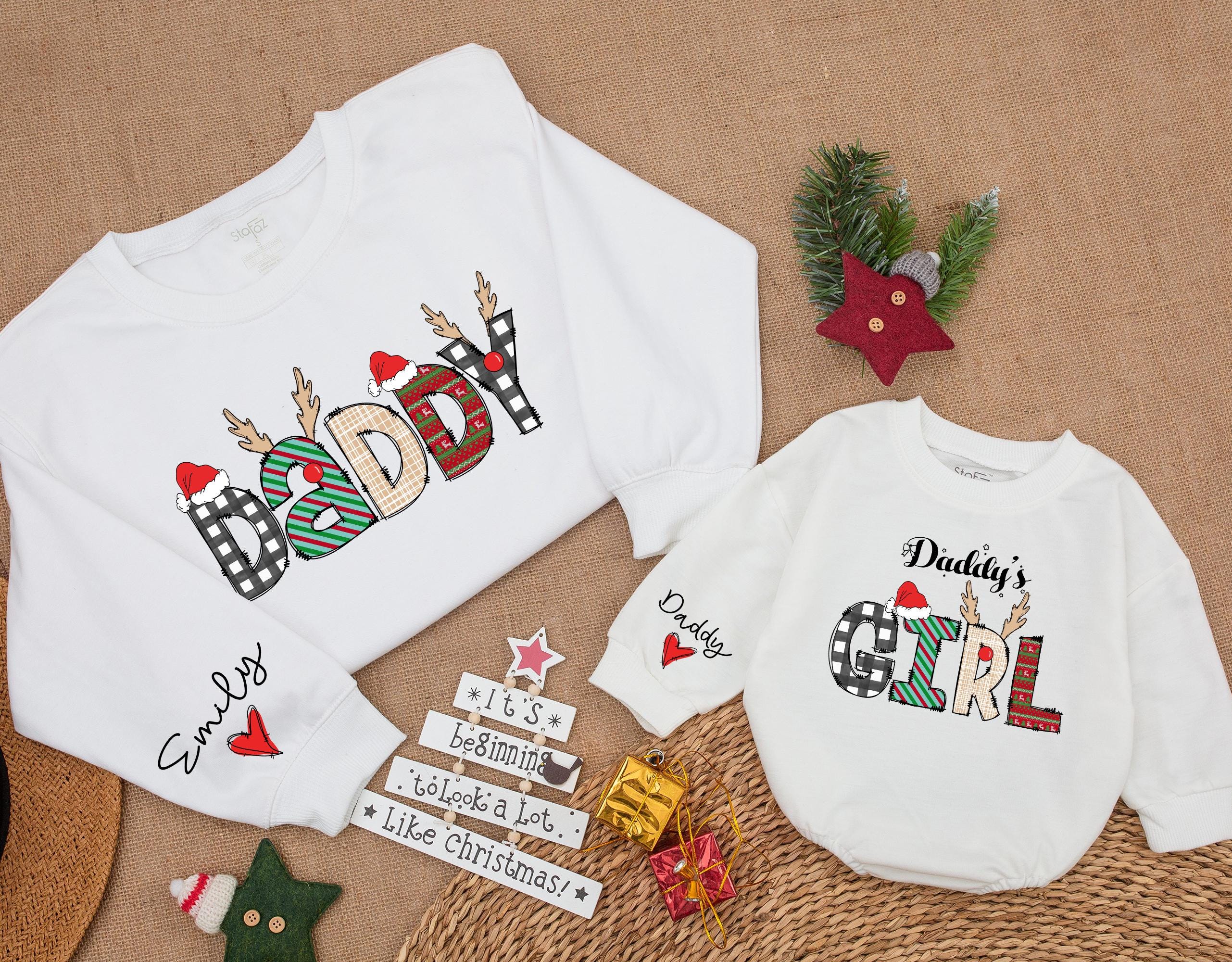 Custom Daddy and Daddy's Girl Christmas Sweatshirt Matching Family Holiday Romper Retro Style Personalized Gift with Name Print
