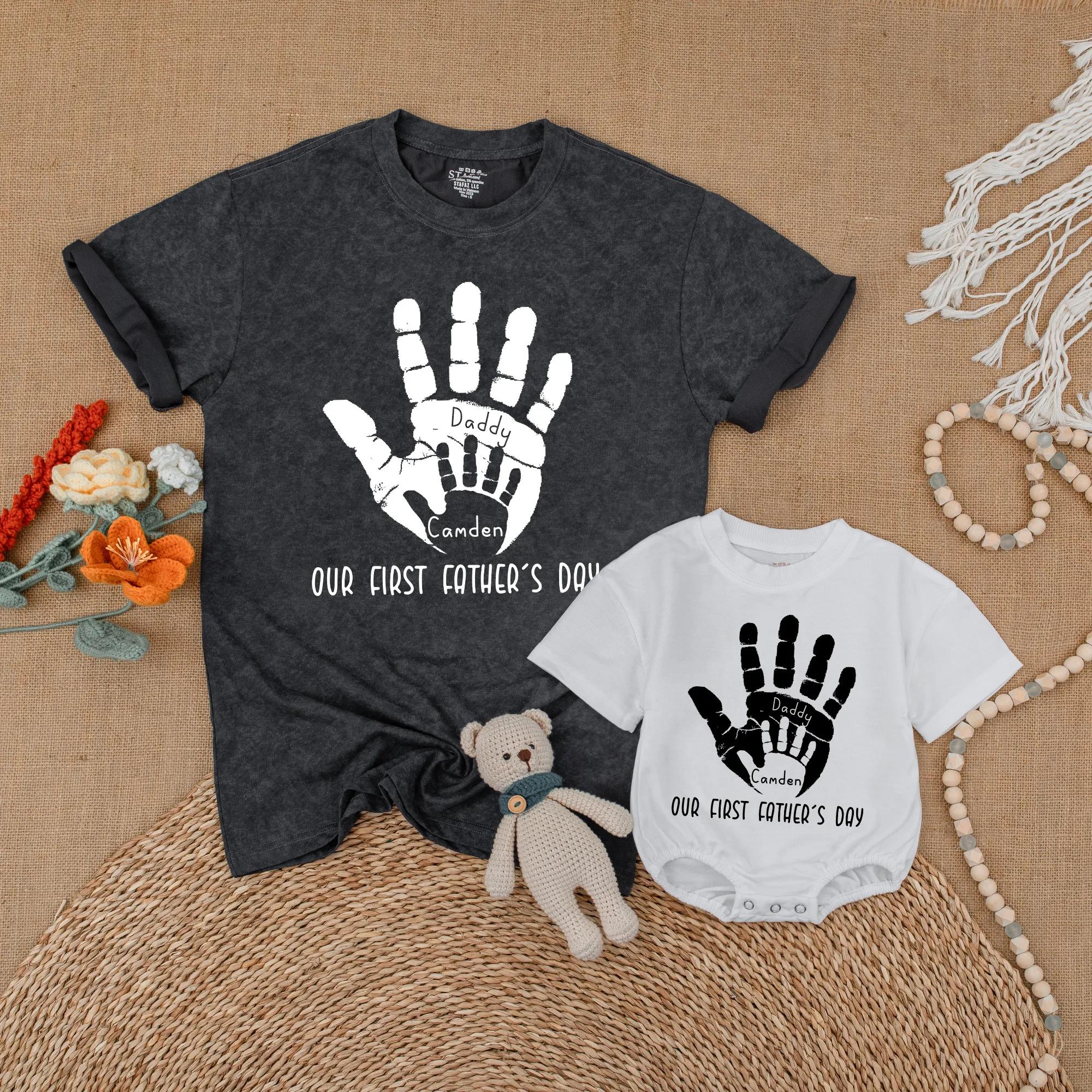 Custom Daddy and Me Matching Outfit Handprint Design Baby Romper Father's Day Gift Personalized Name Family Celebration Cotton Clothing