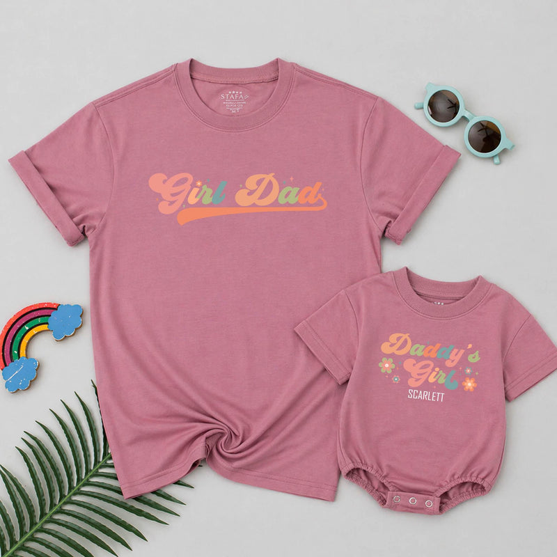 Custom Daddy's Girl Baby Romper & Girl Dad Shirt Set, Retro Floral Design, Soft Cotton, First Father's Day Outfit for Baby & Dad