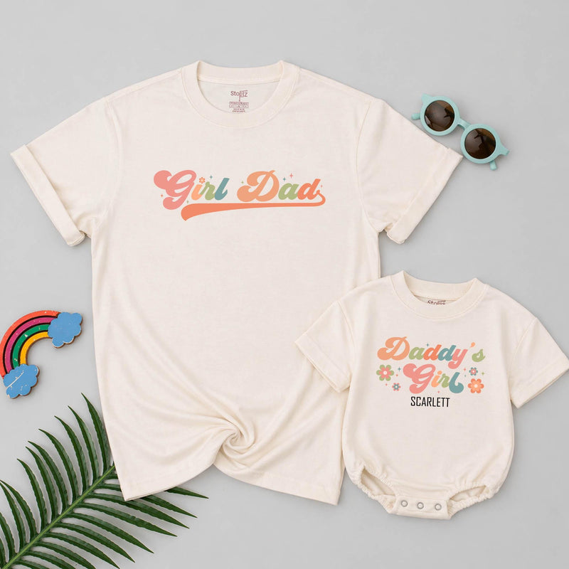 Custom Daddy's Girl Baby Romper & Girl Dad Shirt Set, Retro Floral Design, Soft Cotton, First Father's Day Outfit for Baby & Dad