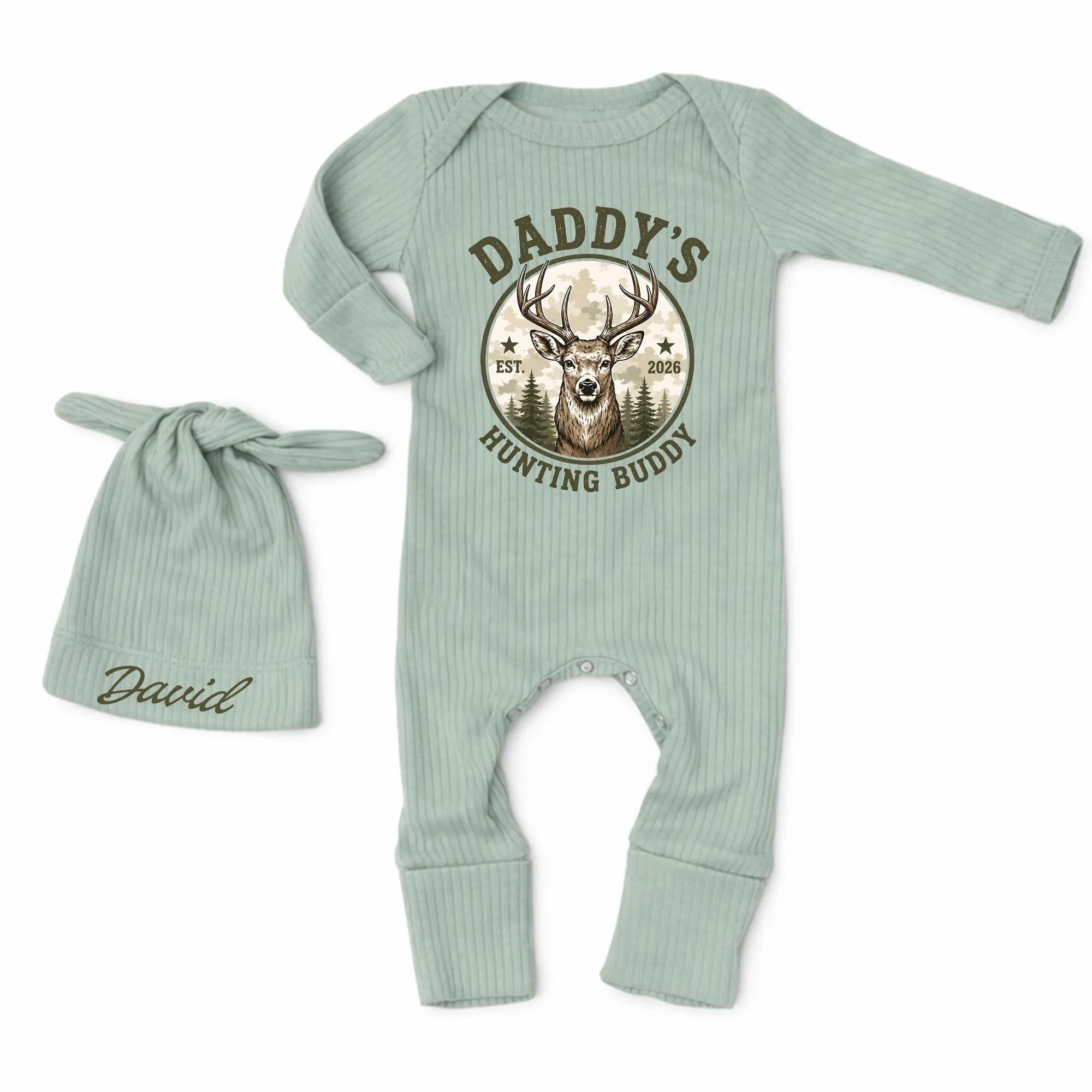 Custom Daddy's Hunting Buddy Baby Bodysuit & Hat Set with Deer Graphic, Soft Cotton Ribbed Newborn Outfit for Coming Home or Baby Shower Gift