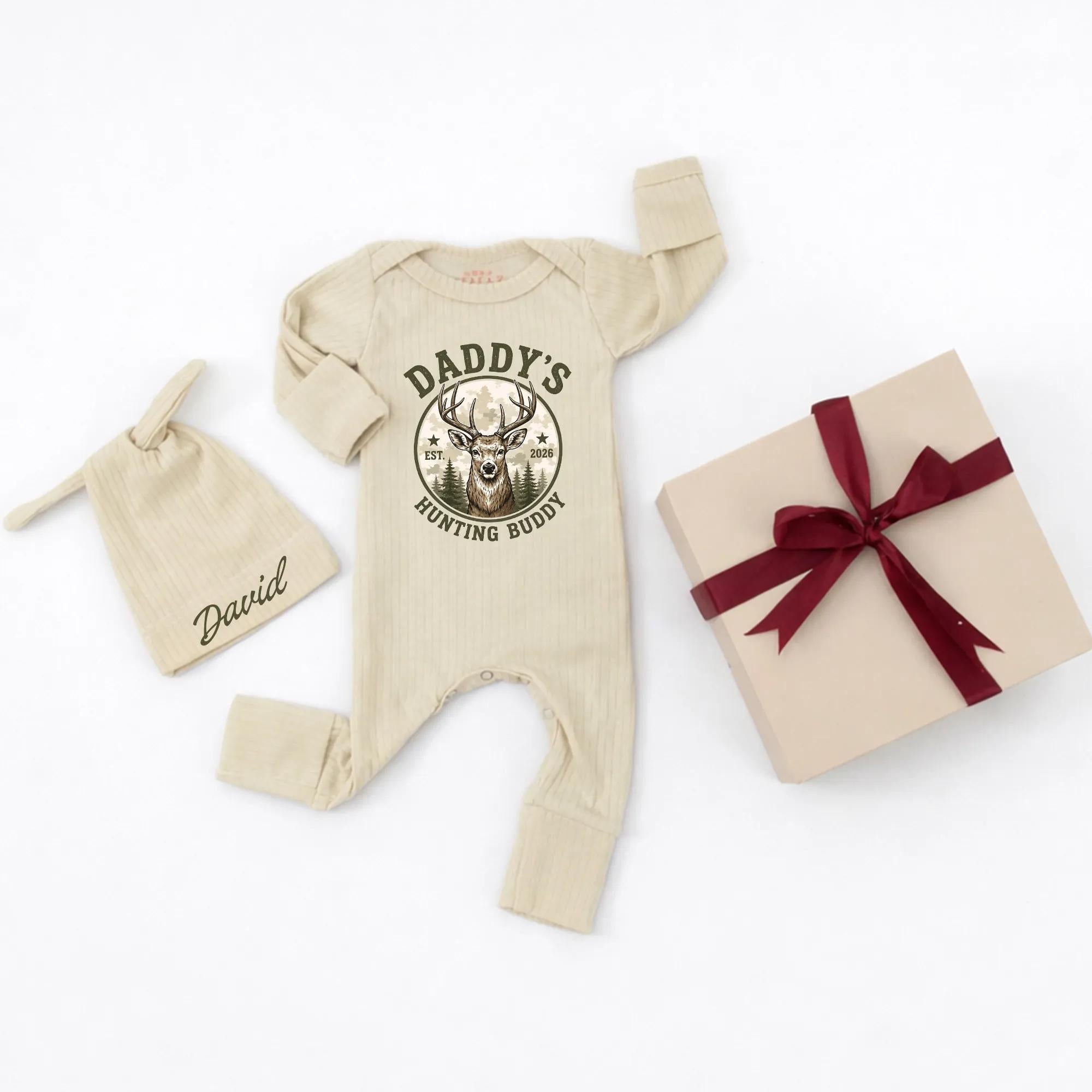 Custom Daddy's Hunting Buddy Baby Bodysuit & Hat Set with Deer Graphic, Soft Cotton Ribbed Newborn Outfit for Coming Home or Baby Shower Gift