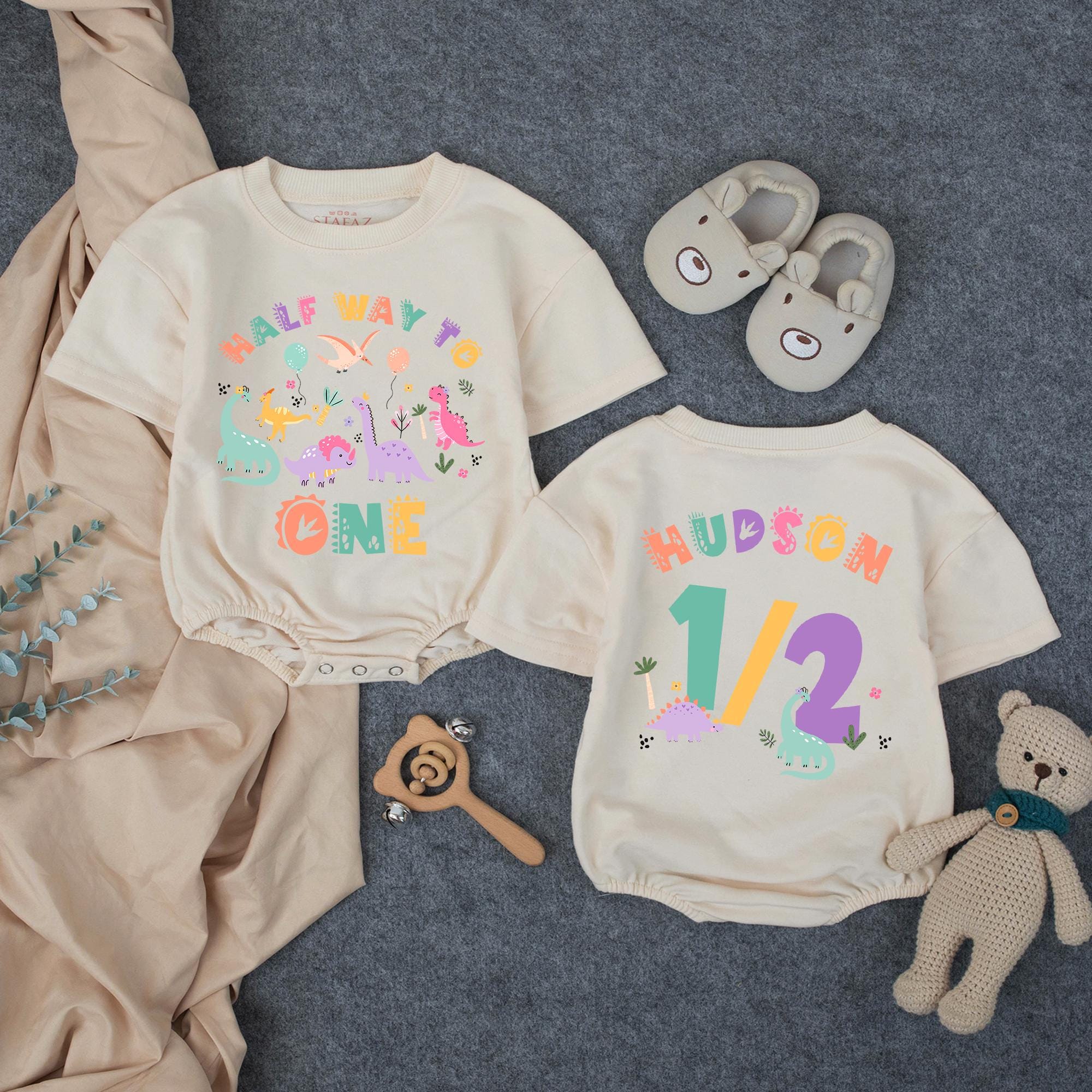 Custom Dinosaur Half Way to One Baby Romper, Soft Cotton Long & Short Sleeve Outfit for 6 Month Birthday Cake Smash Photos