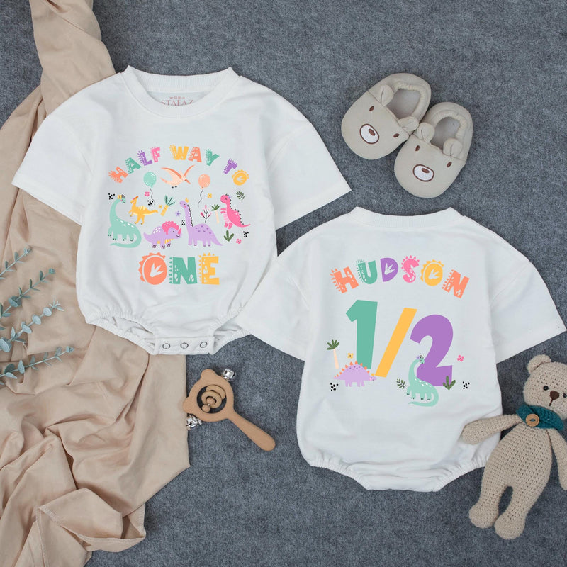 Custom Dinosaur Half Way to One Baby Romper, Soft Cotton Long & Short Sleeve Outfit for 6 Month Birthday Cake Smash Photos