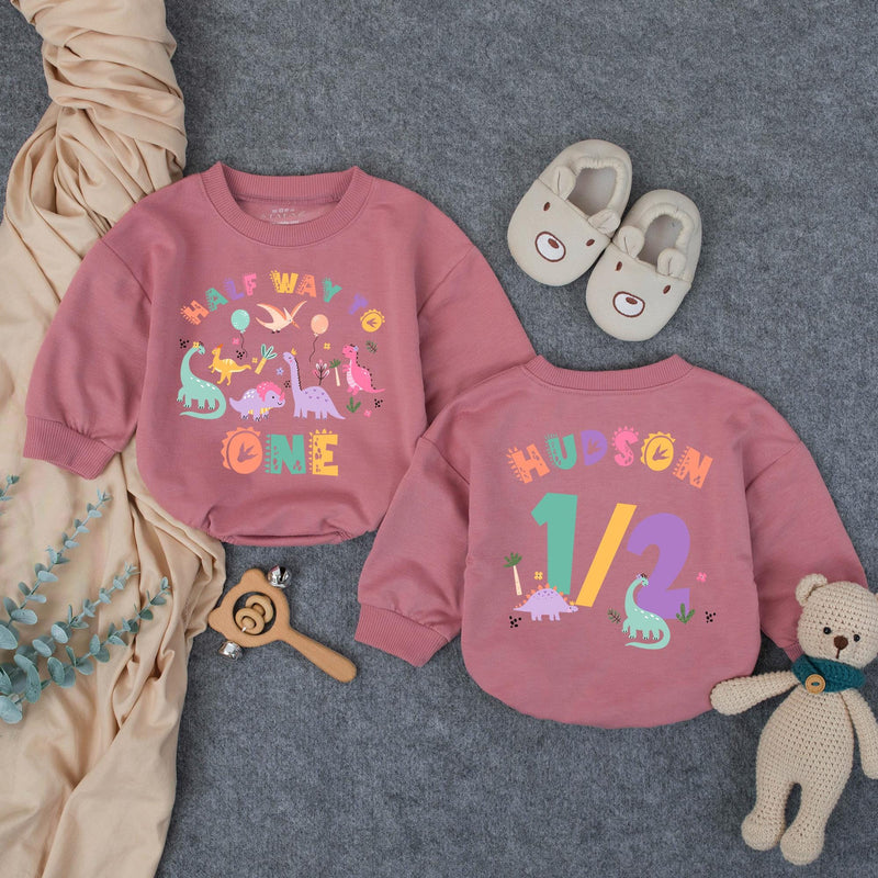 Custom Dinosaur Half Way to One Baby Romper, Soft Cotton Long & Short Sleeve Outfit for 6 Month Birthday Cake Smash Photos