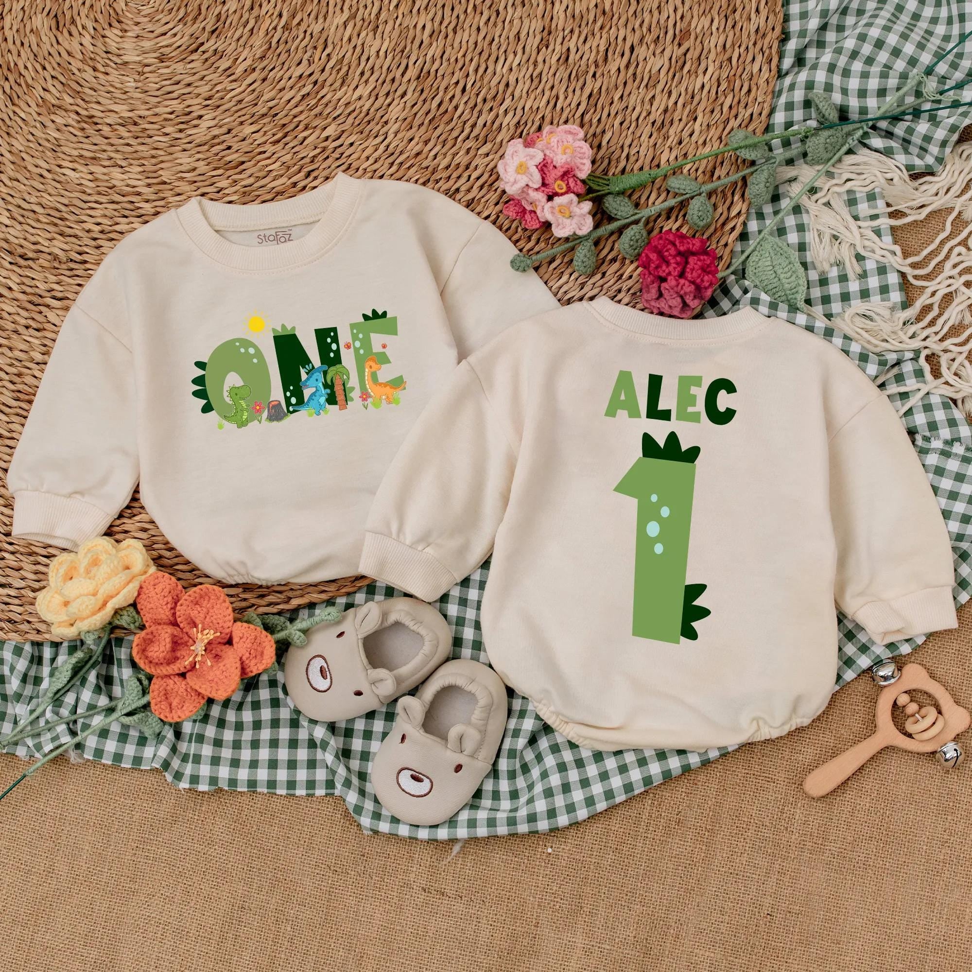 Custom Dinosaur Romper for Baby Boys Vibrant First Birthday Outfit with Name Alec Fun Dino Theme Party Cotton Gift