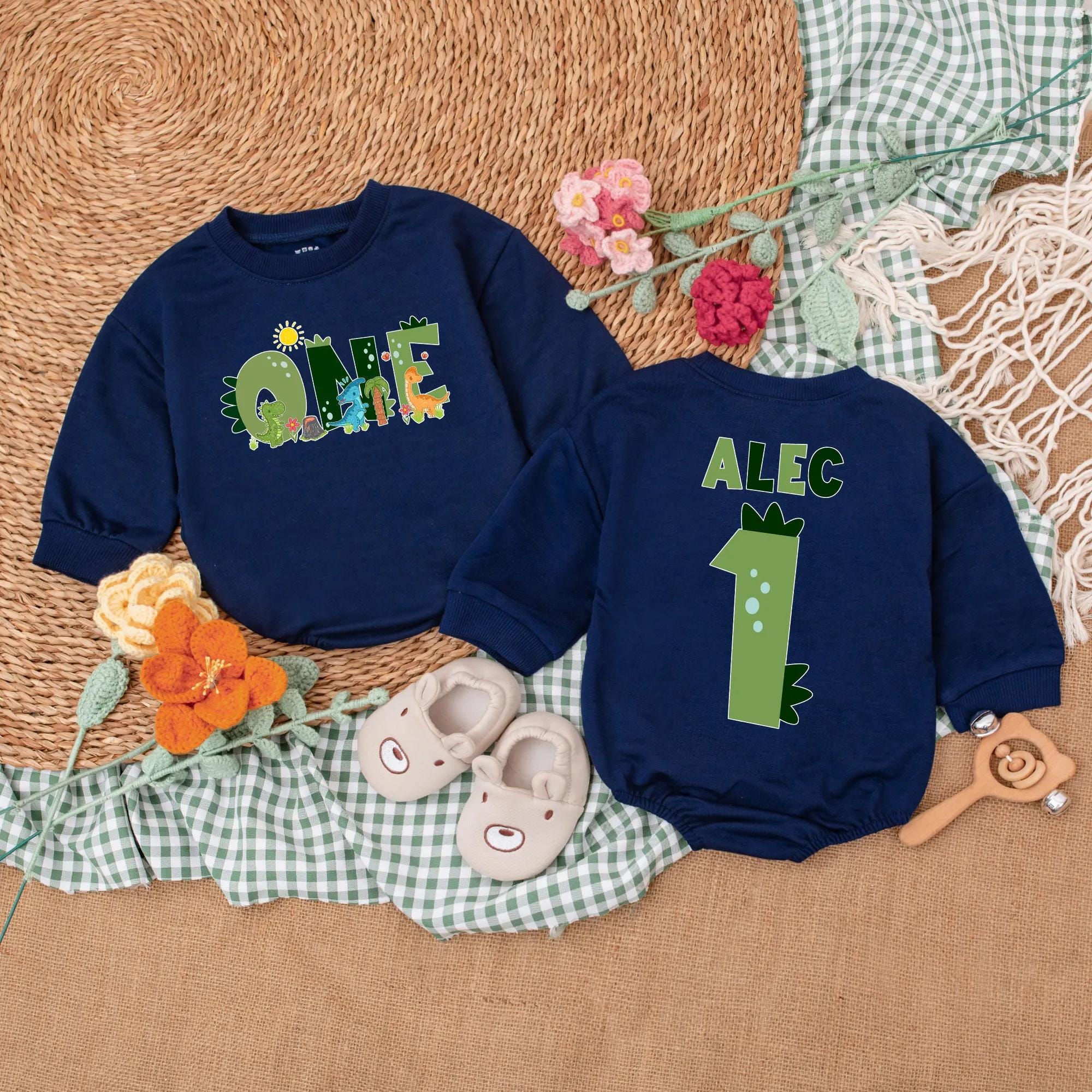 Custom Dinosaur Romper for Baby Boys Vibrant First Birthday Outfit with Name Alec Fun Dino Theme Party Cotton Gift