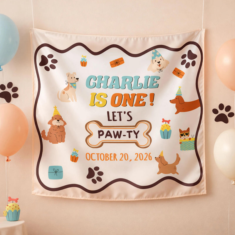 Custom Dog Birthday Silk Banner with Paw Prints, Puppy Party Backdrop, Personalized Let's Pawty First Birthday Decor for Kids & Pets