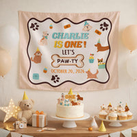 Custom Dog Birthday Silk Banner with Paw Prints, Puppy Party Backdrop, Personalized Let's Pawty First Birthday Decor for Kids & Pets