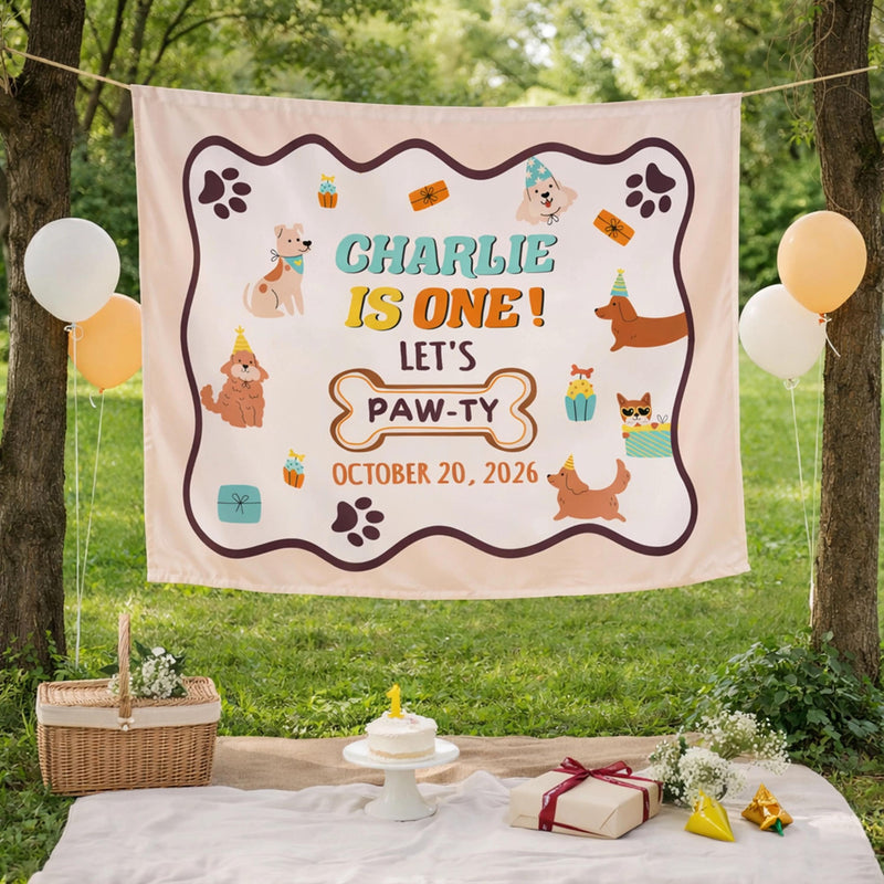 Custom Dog Birthday Silk Banner with Paw Prints, Puppy Party Backdrop, Personalized Let's Pawty First Birthday Decor for Kids & Pets