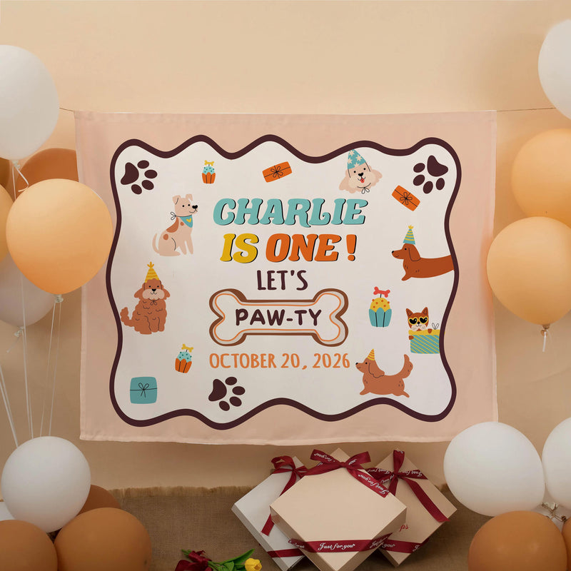 Custom Dog Birthday Silk Banner with Paw Prints, Puppy Party Backdrop, Personalized Let's Pawty First Birthday Decor for Kids & Pets