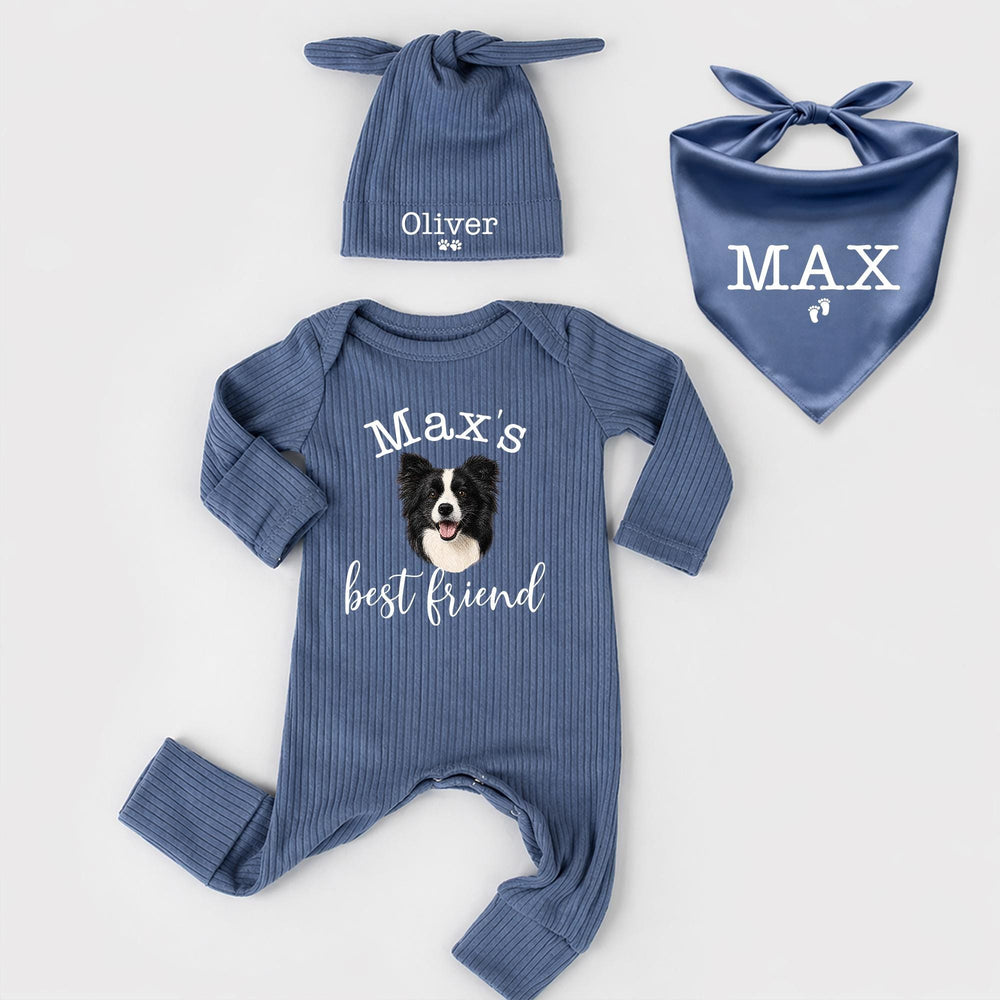 Custom Dog Photo Baby Bodysuit and Bandana, Max's Best Friend Design, New Baby Announcement Gift for Dog Moms, Soft Sentimental Cotton Outfit