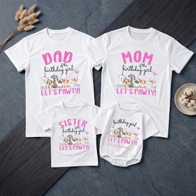 Custom Dog-Themed Matching Family Shirts & Baby Romper, Birthday Girl Outfit with Name, Soft Cotton for Party, Photos & Gifts