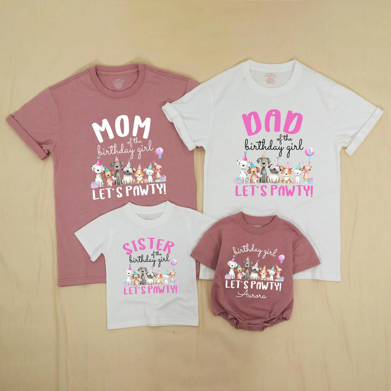 Custom Dog-Themed Matching Family Shirts & Baby Romper, Birthday Girl Outfit with Name, Soft Cotton for Party, Photos & Gifts