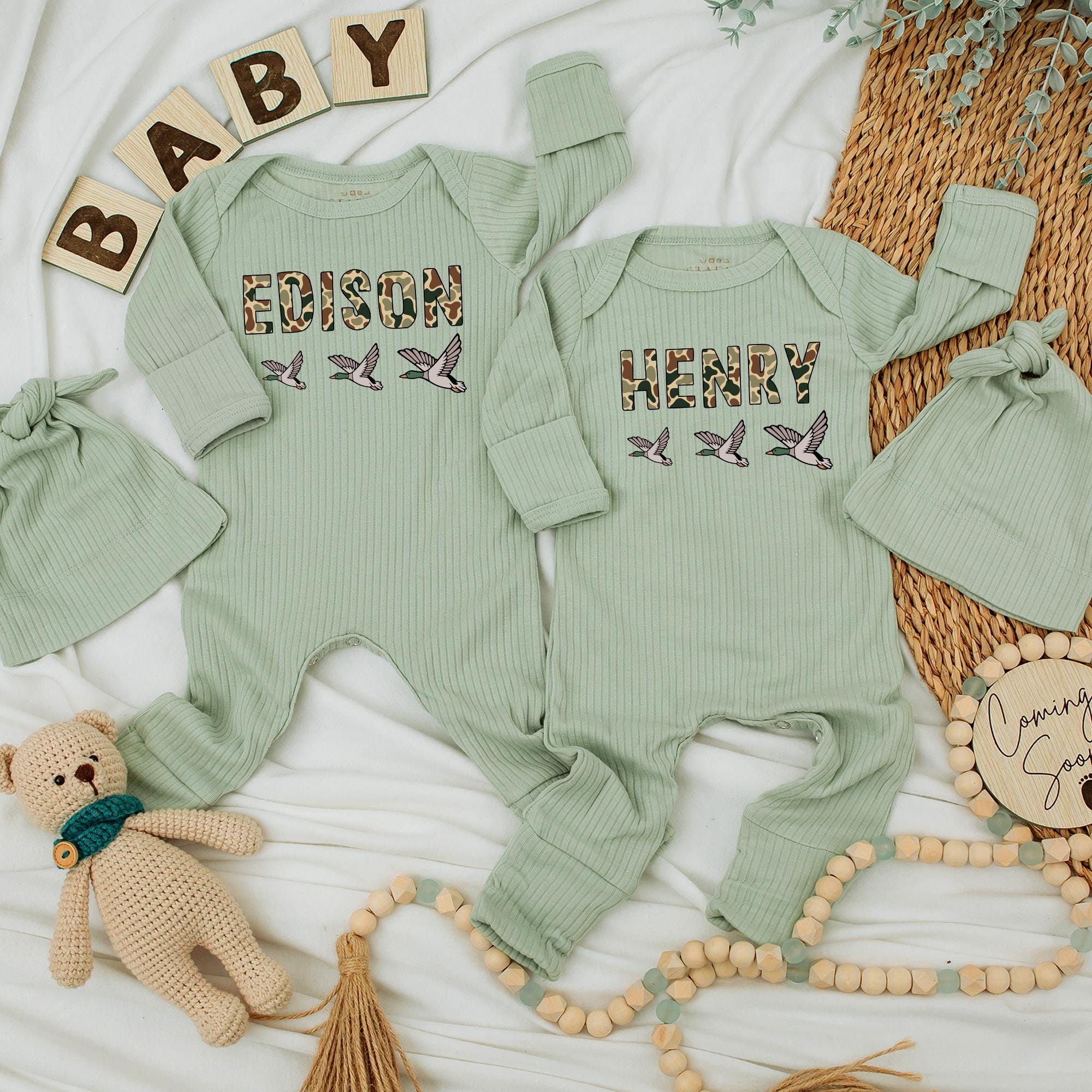Custom Duck Camo Baby Bodysuit with Name, Soft Cotton Newborn Outfit, Mallard Duck Design for Baby Shower Gift or Coming Home Outfit