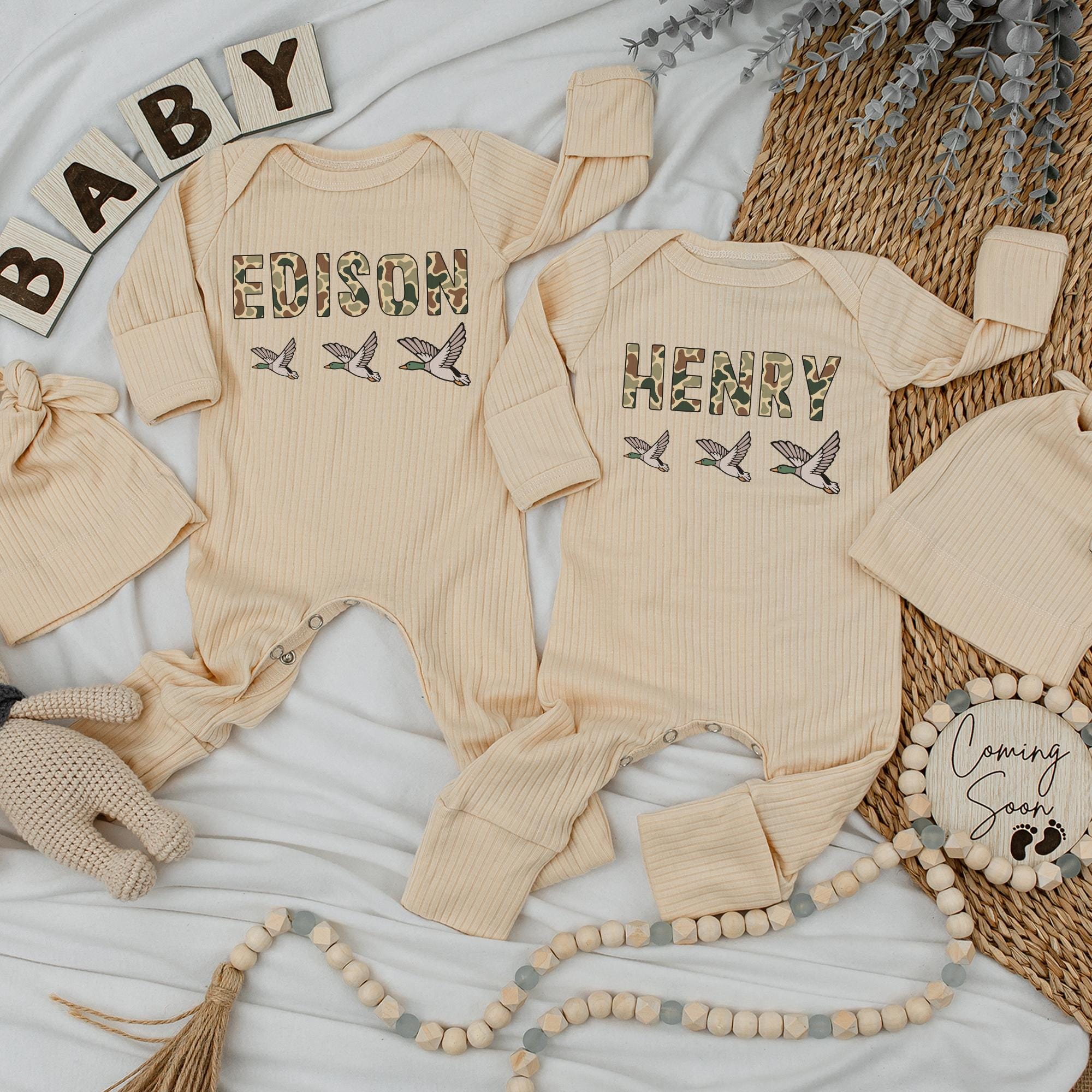 Custom Duck Camo Baby Bodysuit with Name, Soft Cotton Newborn Outfit, Mallard Duck Design for Baby Shower Gift or Coming Home Outfit
