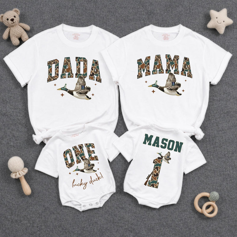Custom Duck-Themed Matching Family Shirts & Baby Rompers, Personalized First Birthday Outfits, Soft Cotton, Perfect for Milestone Photos