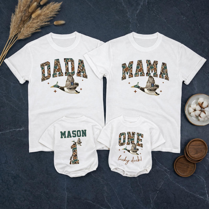Custom Duck-Themed Matching Family Shirts & Baby Rompers, Personalized First Birthday Outfits, Soft Cotton, Perfect for Milestone Photos