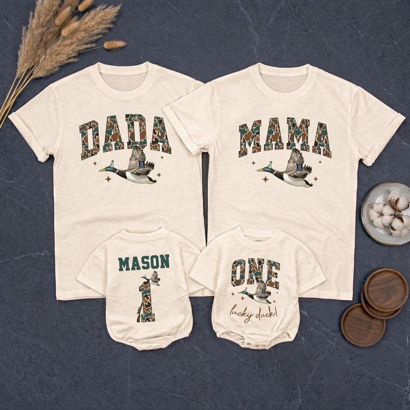 Custom Duck-Themed Matching Family Shirts & Baby Rompers, Personalized First Birthday Outfits, Soft Cotton, Perfect for Milestone Photos