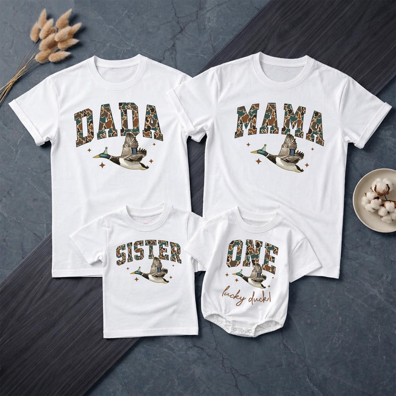 Custom Duck-Themed Matching Family Shirts & Baby Rompers, Personalized First Birthday Outfits, Soft Cotton, Perfect for Milestone Photos