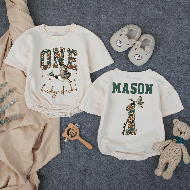 Custom Duck-Themed Matching Family Shirts & Baby Rompers, Personalized First Birthday Outfits, Soft Cotton, Perfect for Milestone Photos