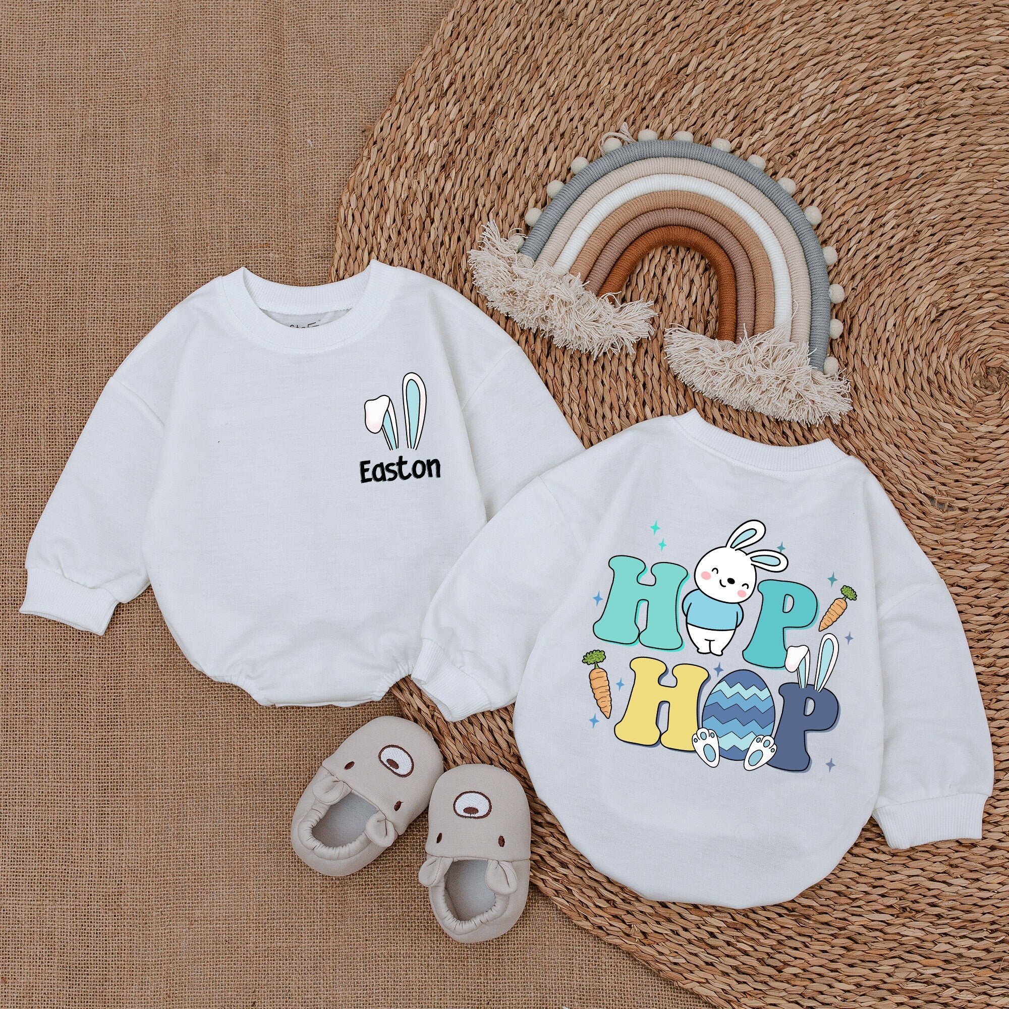 Custom Easter Baby Boy Romper Playful Bunny Design Hop Hop Outfit Vibrant Blue Yellow Teal Cotton Soft Comfortable Festive Newborn Gift