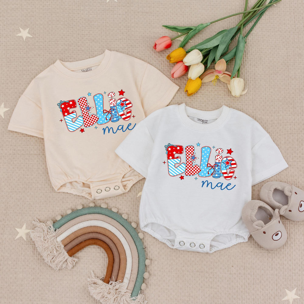 Custom Ellie Mae Baby Girl 4th of July Romper with Patriotic Red White Blue Patterns and Stars, Soft Cotton Infant Holiday Outfit