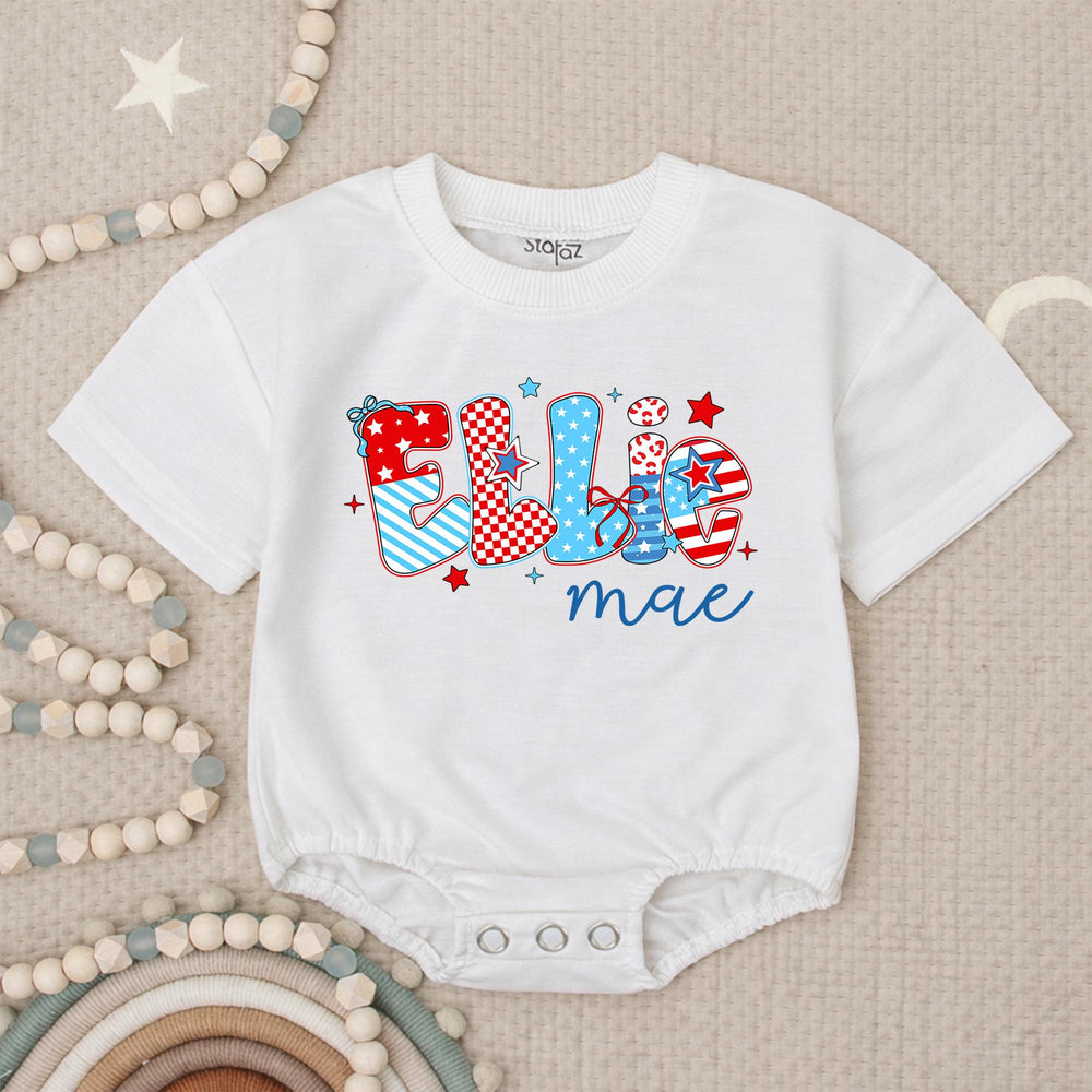 Custom Ellie Mae Baby Girl 4th of July Romper with Patriotic Red White Blue Patterns and Stars, Soft Cotton Infant Holiday Outfit