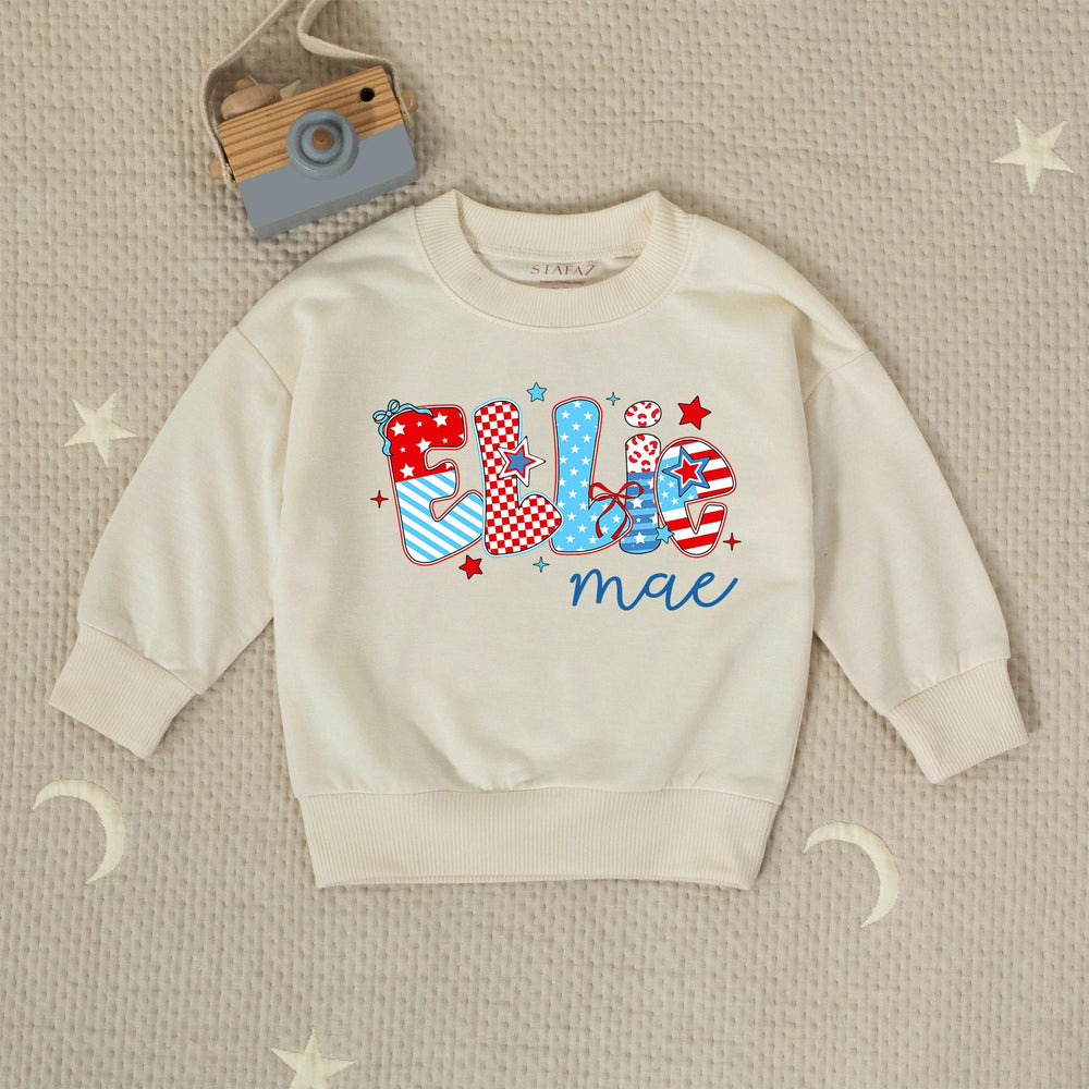 Custom Ellie Mae Baby Girl 4th of July Romper with Patriotic Red White Blue Patterns and Stars, Soft Cotton Infant Holiday Outfit