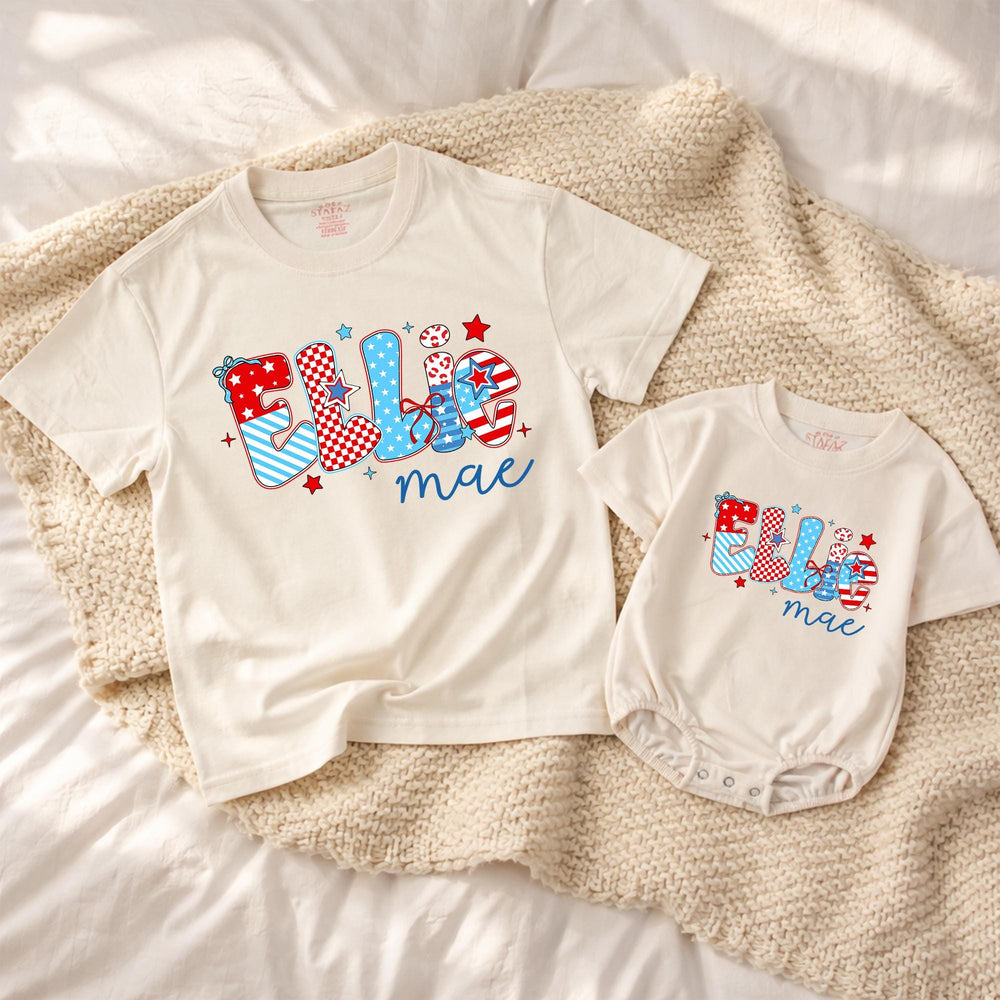 Custom Ellie Mae Baby Girl 4th of July Romper with Patriotic Red White Blue Patterns and Stars, Soft Cotton Infant Holiday Outfit