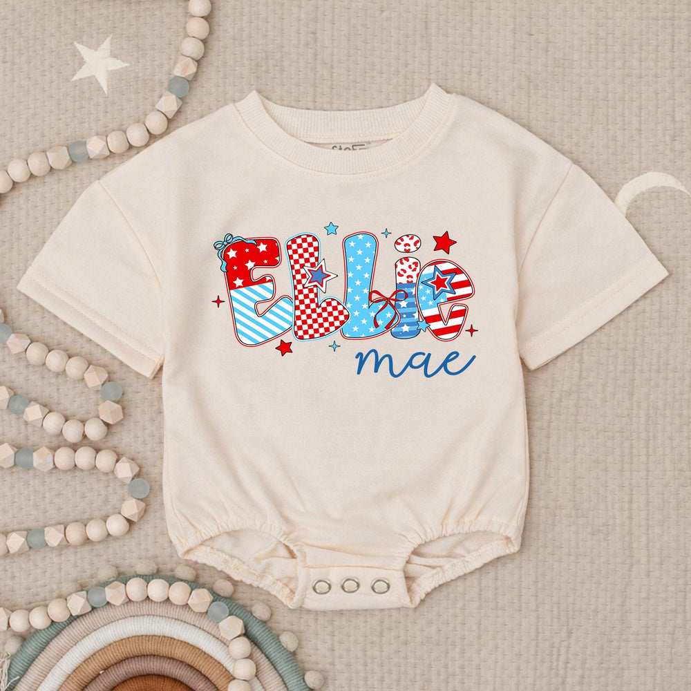 Custom Ellie Mae Baby Girl 4th of July Romper with Patriotic Red White Blue Patterns and Stars, Soft Cotton Infant Holiday Outfit