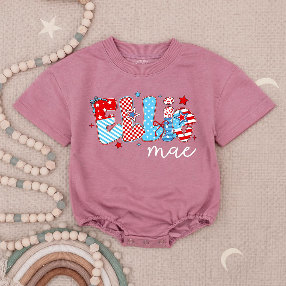 Custom Ellie Mae Baby Girl 4th of July Romper with Patriotic Red White Blue Patterns and Stars, Soft Cotton Infant Holiday Outfit