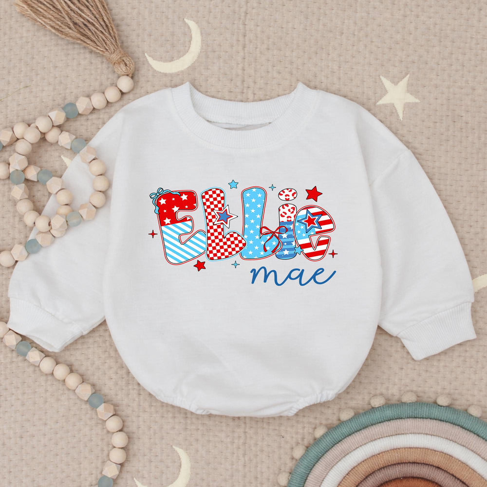 Custom Ellie Mae Baby Girl 4th of July Romper with Patriotic Red White Blue Patterns and Stars, Soft Cotton Infant Holiday Outfit