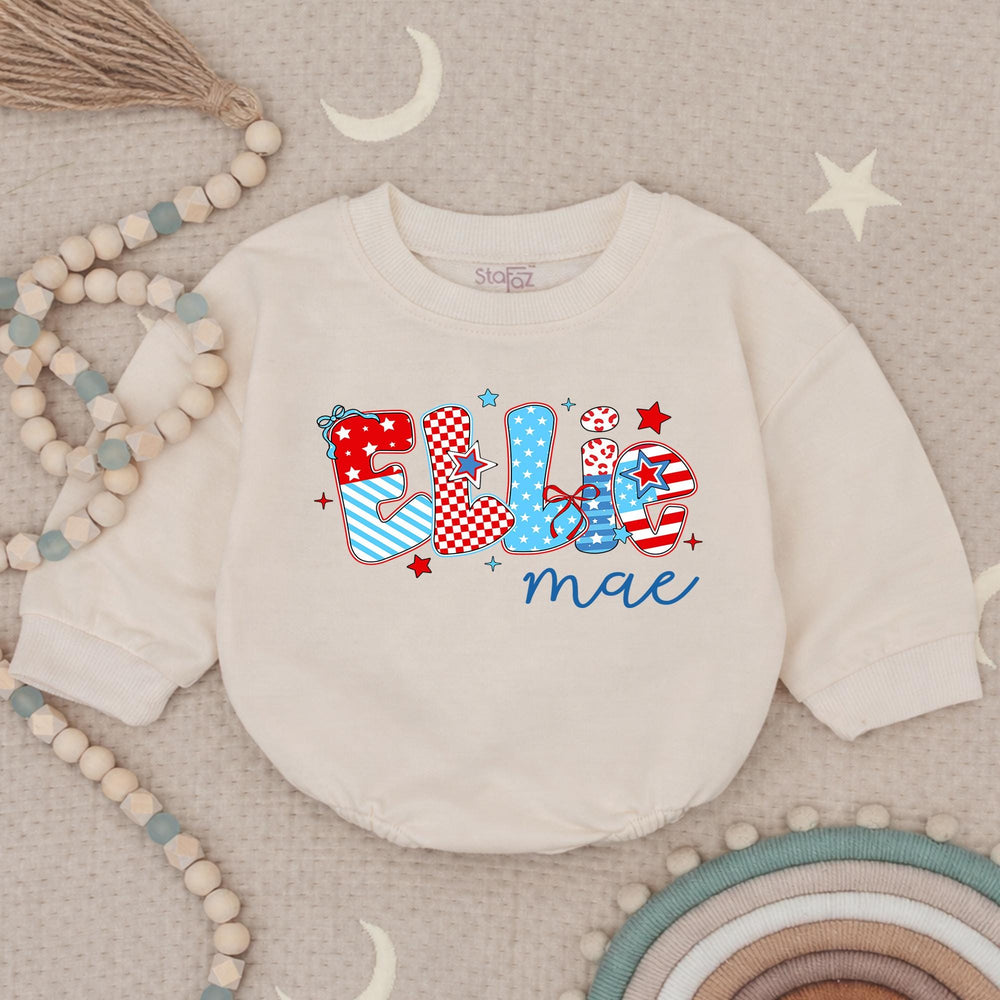 Custom Ellie Mae Baby Girl 4th of July Romper with Patriotic Red White Blue Patterns and Stars, Soft Cotton Infant Holiday Outfit