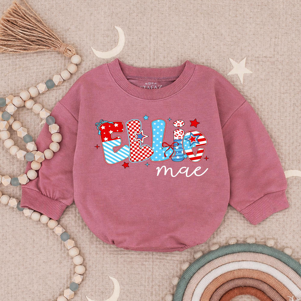 Custom Ellie Mae Baby Girl 4th of July Romper with Patriotic Red White Blue Patterns and Stars, Soft Cotton Infant Holiday Outfit