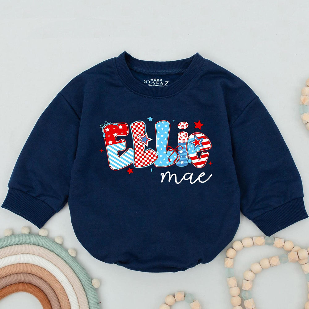 Custom Ellie Mae Baby Girl 4th of July Romper with Patriotic Red White Blue Patterns and Stars, Soft Cotton Infant Holiday Outfit