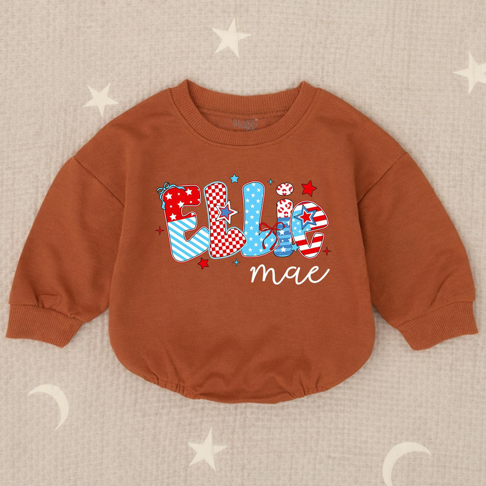 Custom Ellie Mae Baby Girl 4th of July Romper with Patriotic Red White Blue Patterns and Stars, Soft Cotton Infant Holiday Outfit
