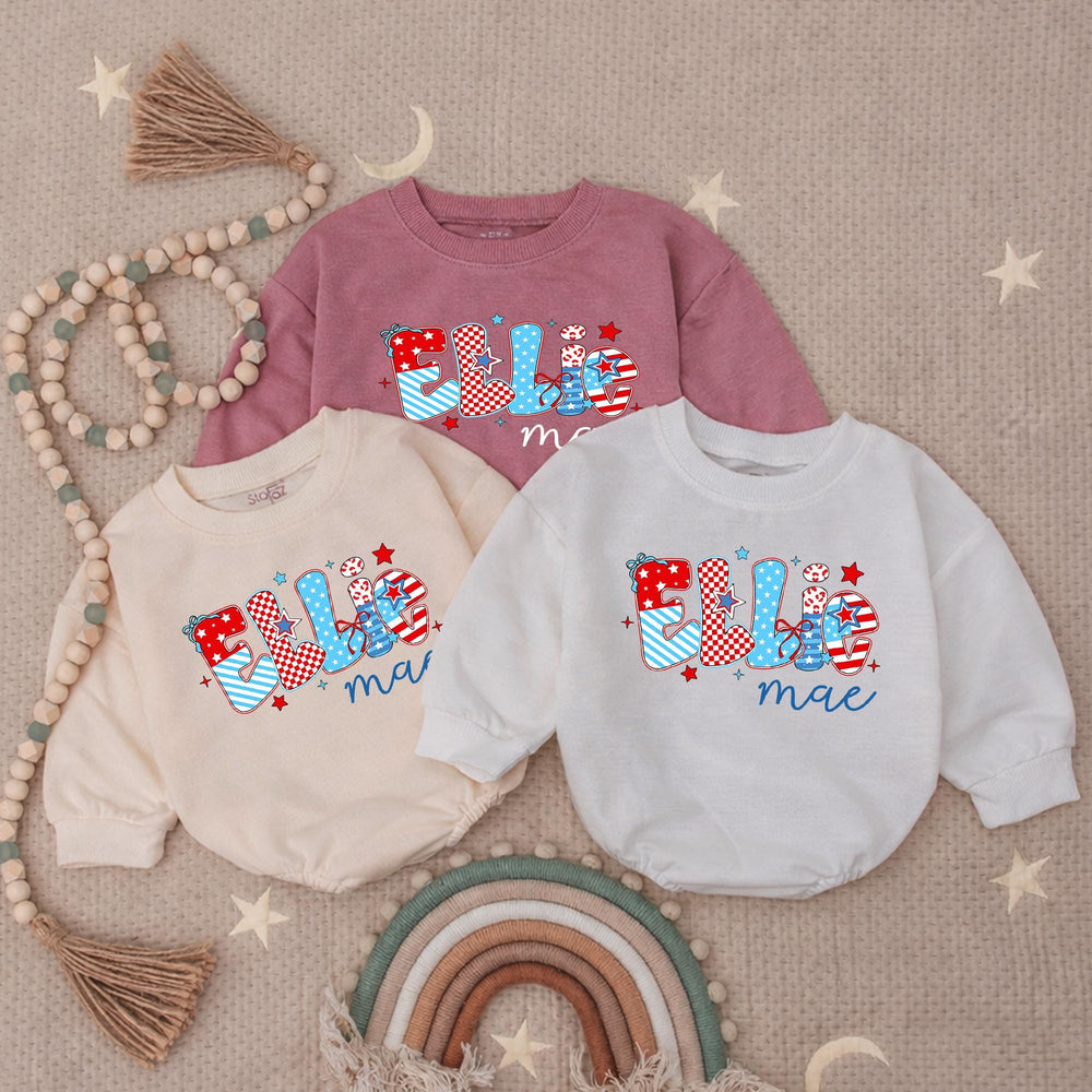 Custom Ellie Mae Baby Girl 4th of July Romper with Patriotic Red White Blue Patterns and Stars, Soft Cotton Infant Holiday Outfit