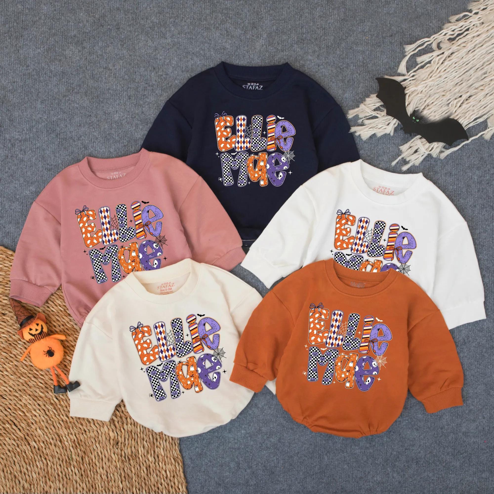 Custom Ellie Mae Halloween Baby Romper Vibrant Retro Spooky Design Infant Outfit with Pumpkin Bow Personalized Soft Cotton Newborn Gift