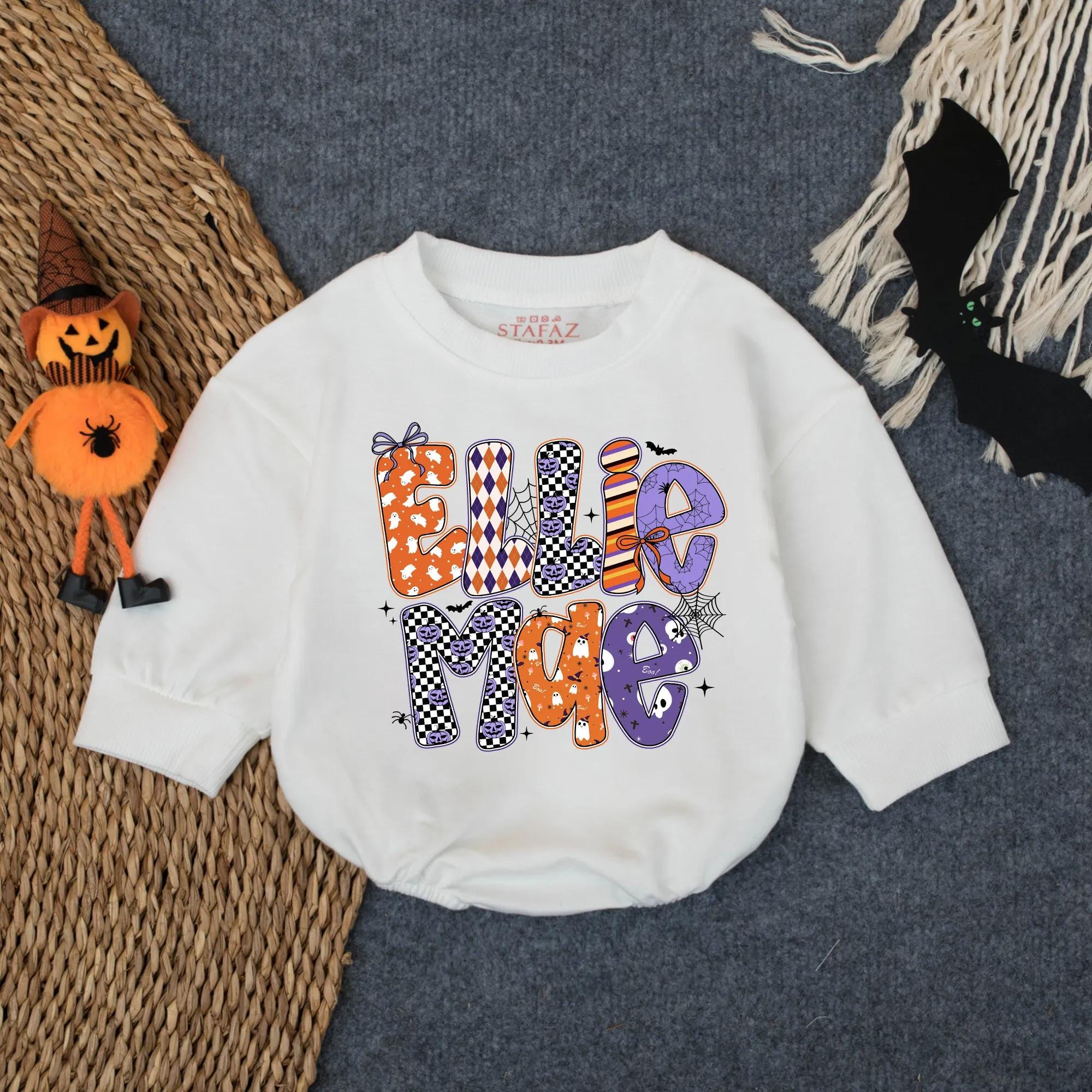 Custom Ellie Mae Halloween Baby Romper Vibrant Retro Spooky Design Infant Outfit with Pumpkin Bow Personalized Soft Cotton Newborn Gift