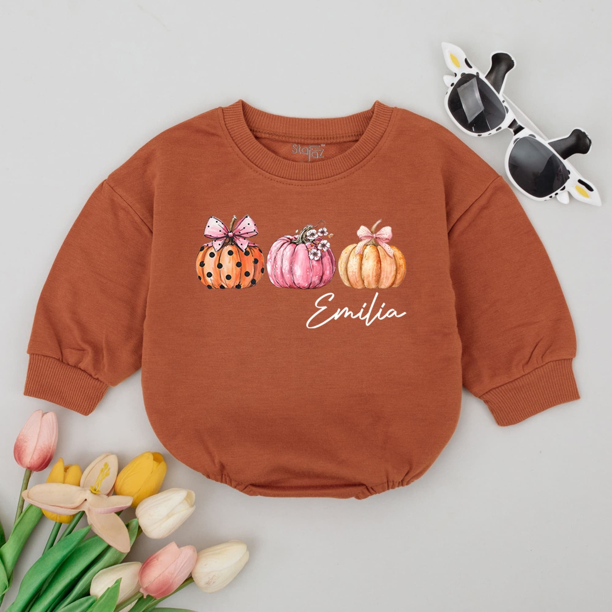 Custom Emilia Baby Girl Romper with Whimsical Pumpkins Bow Thanksgiving Outfit Soft Cotton Personalized Gift
