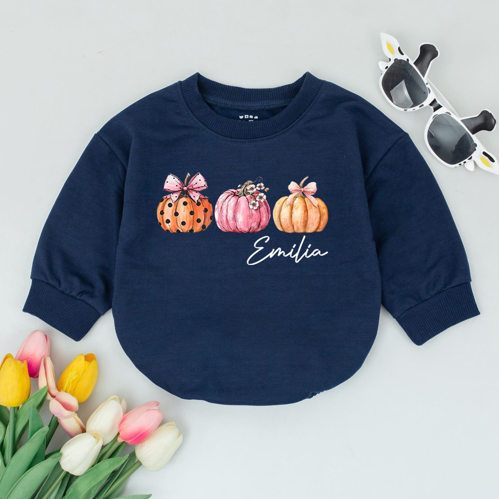 Custom Emilia Baby Girl Romper with Whimsical Pumpkins Bow Thanksgiving Outfit Soft Cotton Personalized Gift