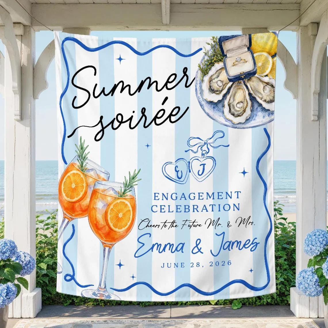 Custom Engagement Silk Banner Summer Soirée Backdrop Coastal Party Decor Personalized Names Date Elegant Oysters Cocktails Celebration