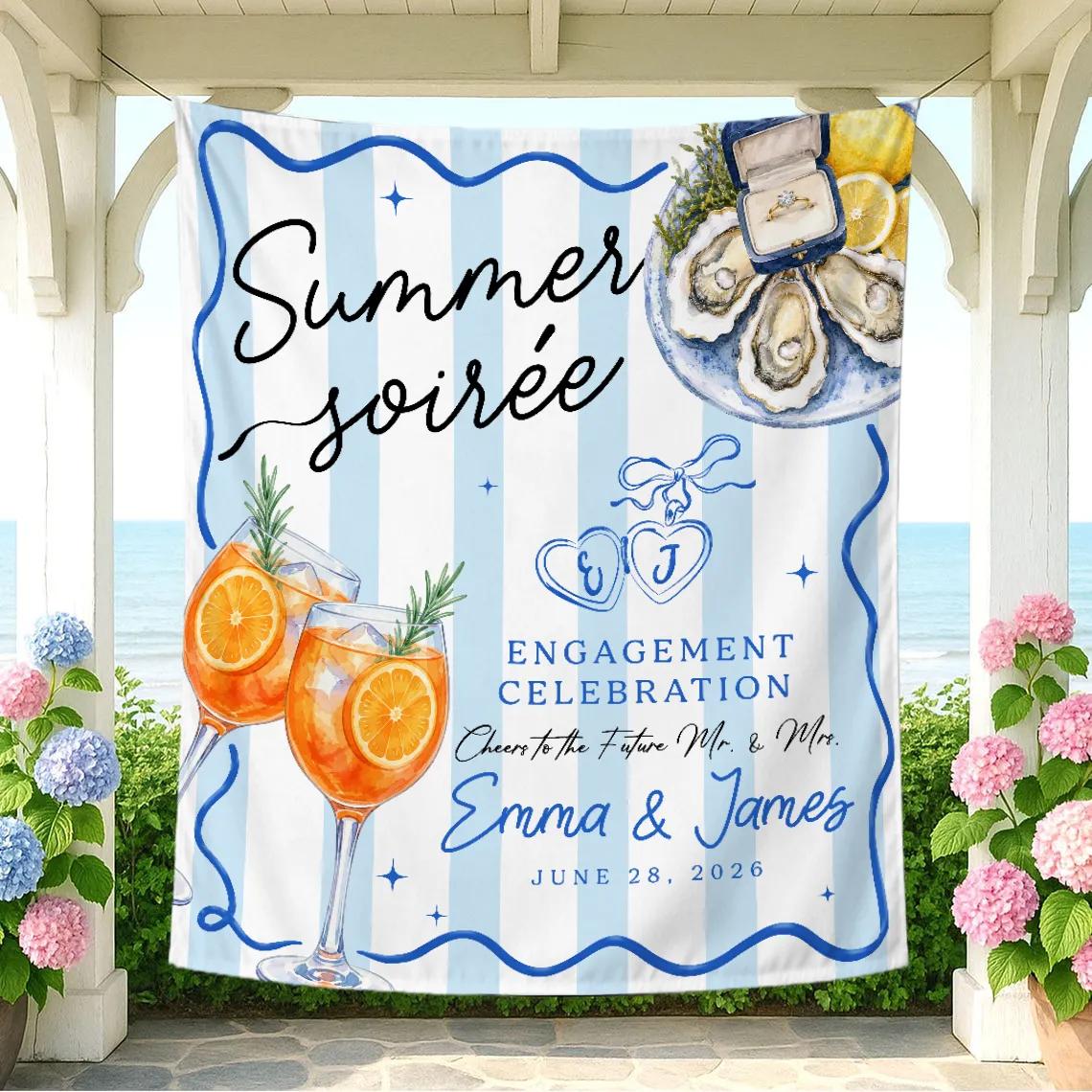 Custom Engagement Silk Banner Summer Soirée Backdrop Coastal Party Decor Personalized Names Date Elegant Oysters Cocktails Celebration