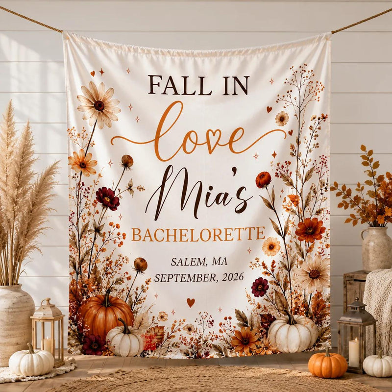 Custom Fall in Love Bachelorette Silk Banner with Autumn Floral Design, Pumpkins, Bride's Name & Date - Perfect for Bridal Showers