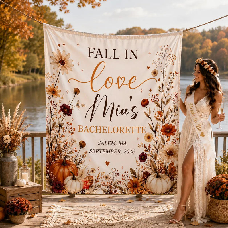Custom Fall in Love Bachelorette Silk Banner with Autumn Floral Design, Pumpkins, Bride's Name & Date - Perfect for Bridal Showers
