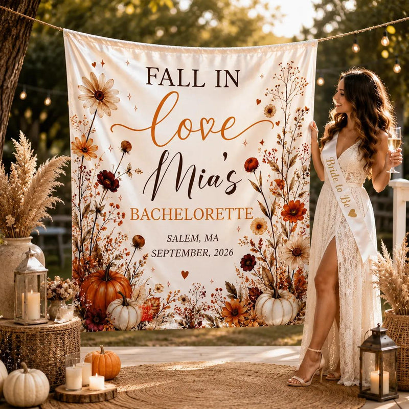 Custom Fall in Love Bachelorette Silk Banner with Autumn Floral Design, Pumpkins, Bride's Name & Date - Perfect for Bridal Showers