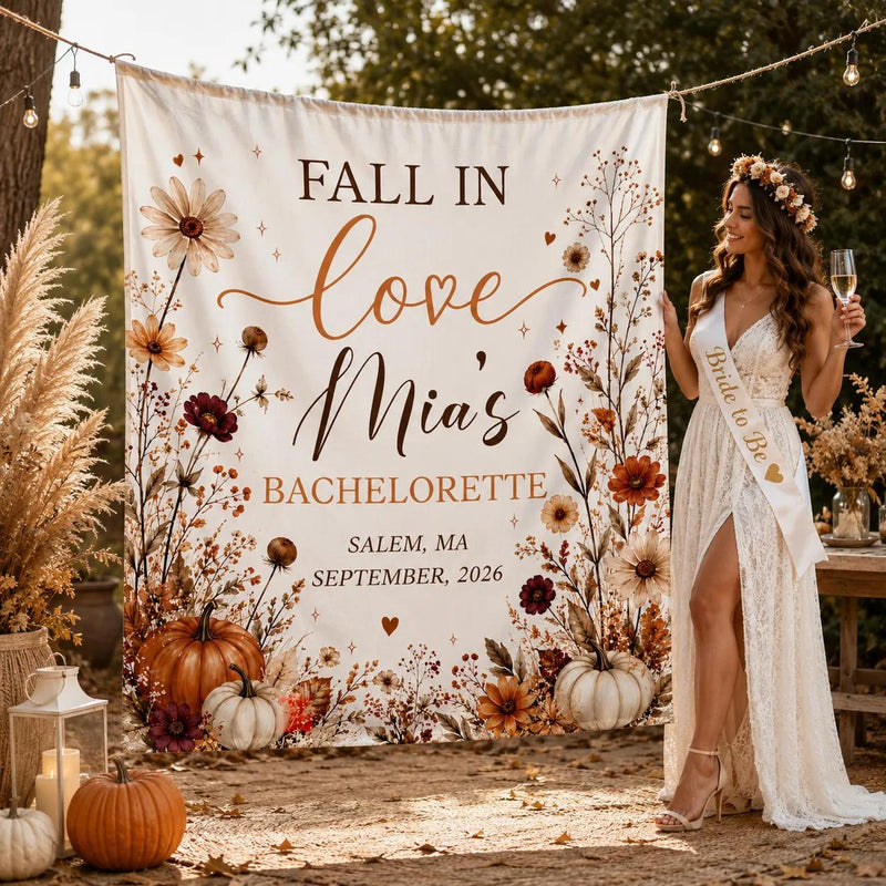 Custom Fall in Love Bachelorette Silk Banner with Autumn Floral Design, Pumpkins, Bride's Name & Date - Perfect for Bridal Showers