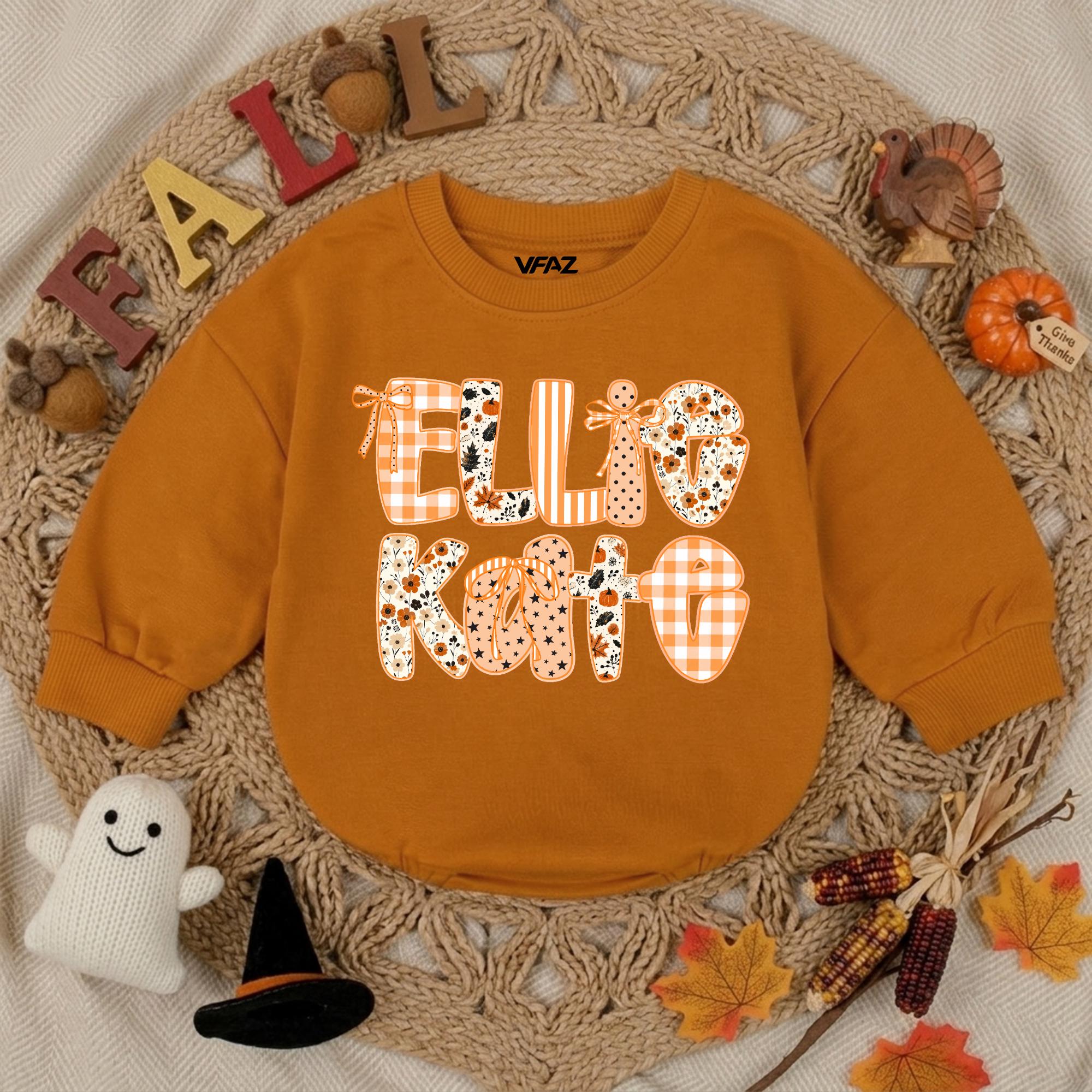 Custom Fall Pumpkin Patch Baby Sweatshirt with Floral and Checkered Name Design, Long Sleeve Cotton Pullover for Girls, Autumn Gift Outfit