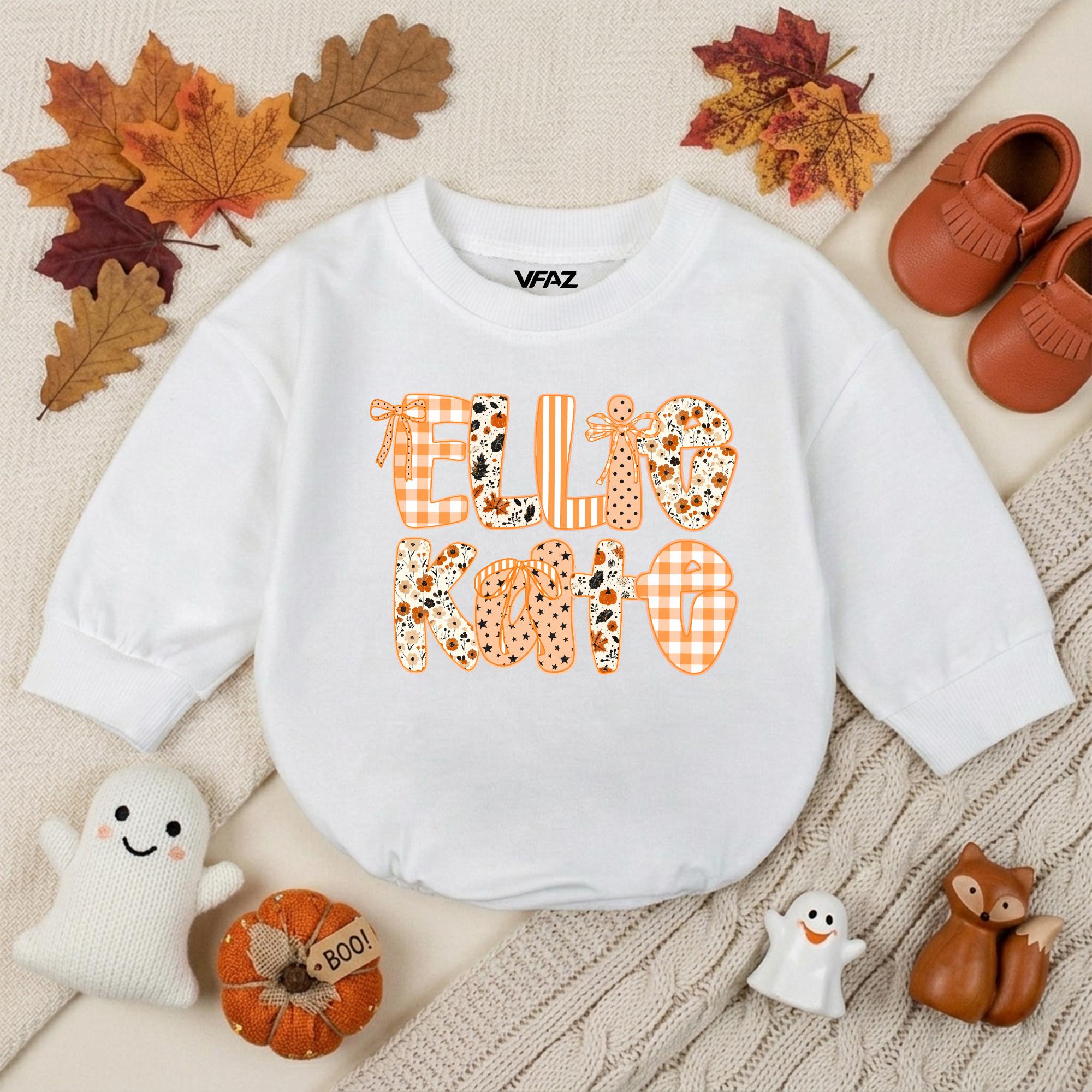 Custom Fall Pumpkin Patch Baby Sweatshirt with Floral and Checkered Name Design, Long Sleeve Cotton Pullover for Girls, Autumn Gift Outfit